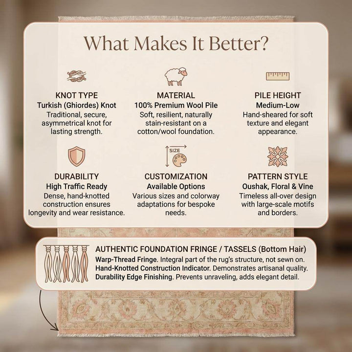 Translation missing: en.Hand Knotted Oushak Floral Rug Blush Peach Wool Area Rug Traditional Persian Style Living Room Bedroom Decor Soft Neutral Handmade Carpet