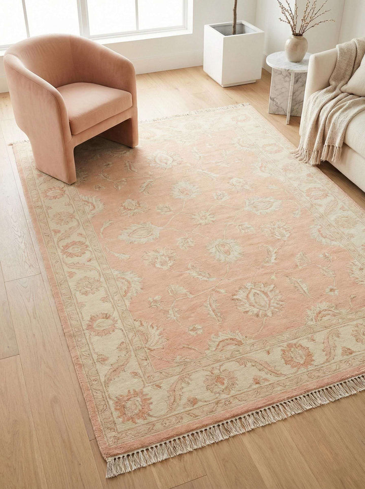 Translation missing: en.Hand knotted Oushak floral rug in blush peach wool with traditional Persian design for living room and bedroom decor