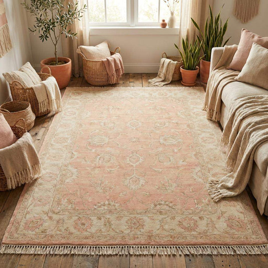 Translation missing: es.Soft neutral blush wool area rug styled in cozy bedroom or living space with minimal Scandinavian décor influence
