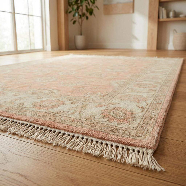 Translation missing: en.Elegant handmade floral wool carpet featuring wide cream border and vintage Oushak-inspired botanical motifs
