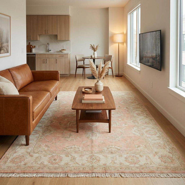 Translation missing: en.Rectangular hand knotted peach area rug designed for living room, nursery, or feminine interior styling
