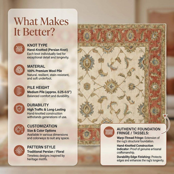 Translation missing: en.Hand Knotted Oushak Floral Wool Rug, Beige Rust Vintage Style Area Carpet for Living Room Bedroom, Traditional Handmade Rug 8x10 , 9x12