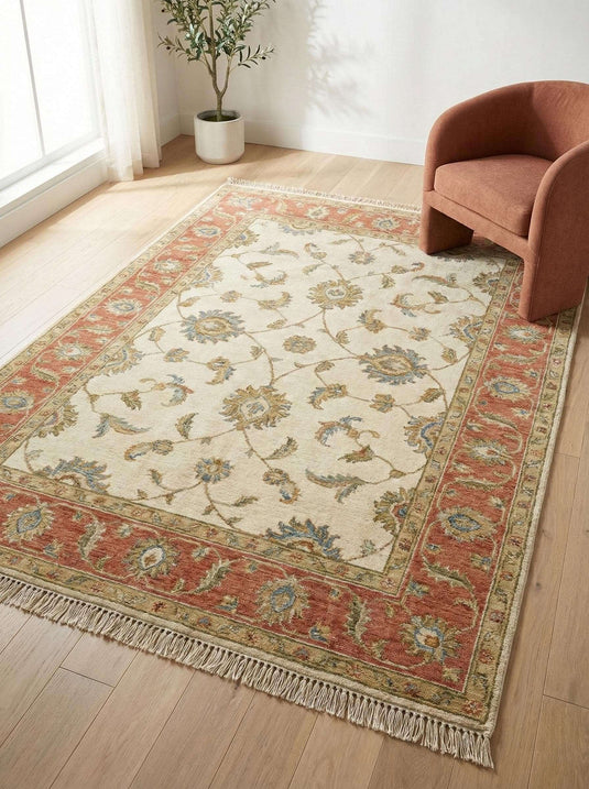 Translation missing: fr.Hand knotted Oushak floral wool rug in beige and rust vintage style for living room and bedroom