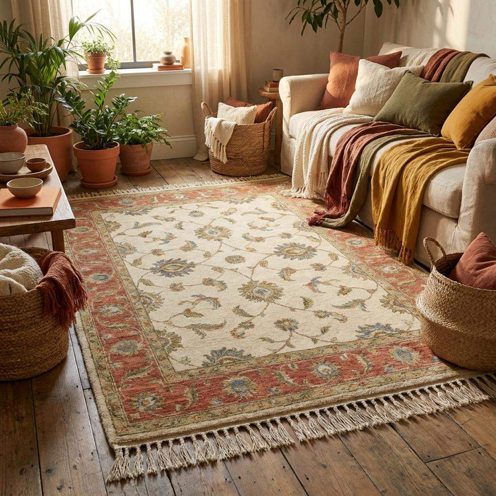 Translation missing: en.Rectangular handmade wool rug featuring classic floral motifs and decorative rust border design