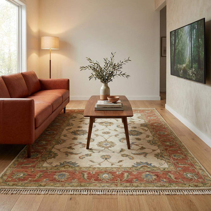 Translation missing: en.Hand Knotted Oushak Floral Wool Rug, Beige Rust Vintage Style Area Carpet for Living Room Bedroom, Traditional Handmade Rug 8x10 , 9x12
