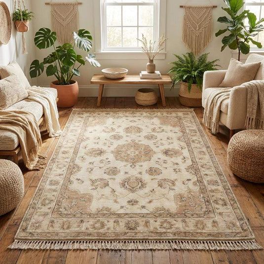Translation missing: fr.Detail shot of muted floral Oushak border pattern in soft taupe and faded apricot tones