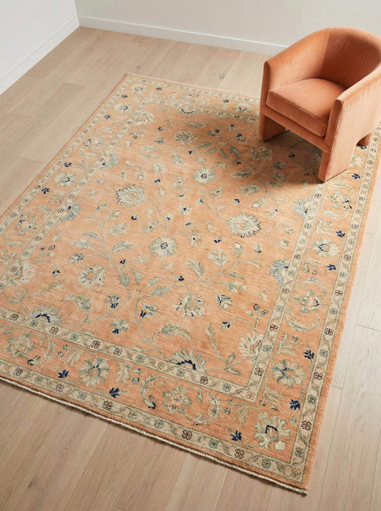 Translation missing: es.Hand knotted Oushak rug in apricot peach with muted Turkish floral design for vintage living room and soft pastel bedroom decor
