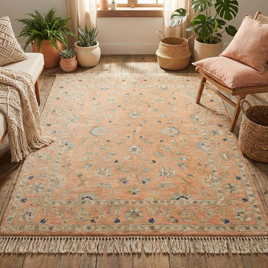 Translation missing: es.Detail of Turkish floral motifs in sage green and ivory against a warm muted terracotta field