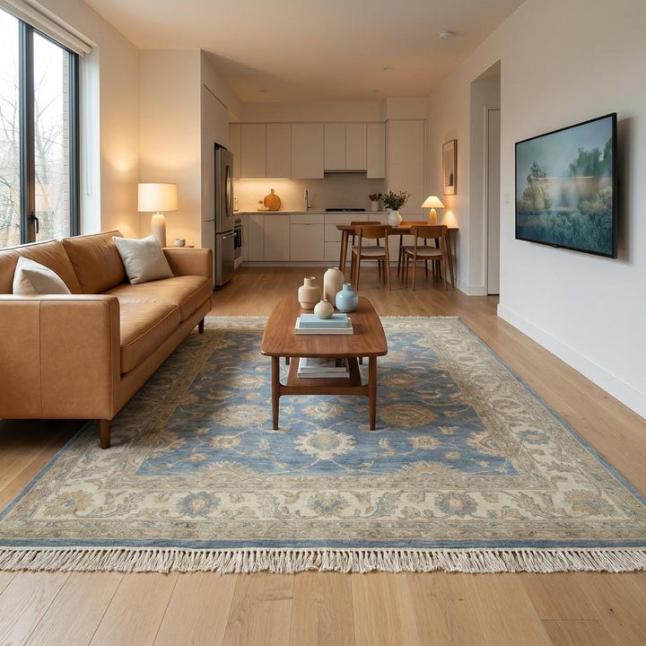 Translation missing: es.Hand Knotted Oushak Rug Blue Floral Wool – Vintage Style Living Room Area Rug __etsy:8030552559