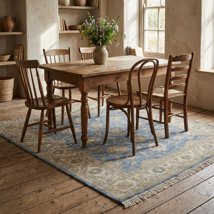 Translation missing: es.Hand Knotted Oushak Rug Blue Floral Wool – Vintage Style Living Room Area Rug __etsy:7982606830