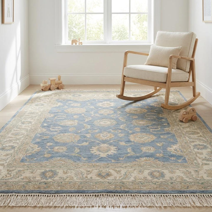 Translation missing: es.Hand Knotted Oushak Rug Blue Floral Wool – Vintage Style Living Room Area Rug __etsy:7982606828