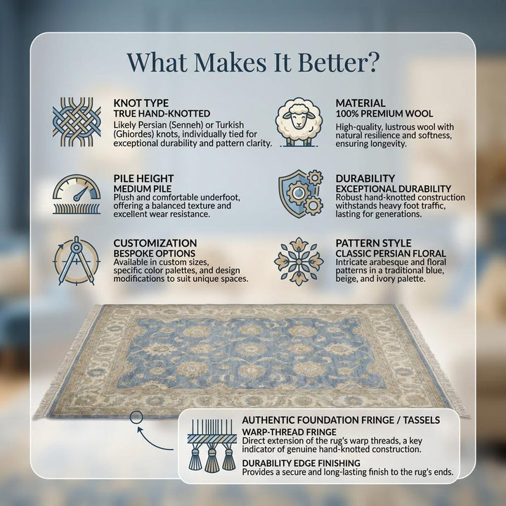 Translation missing: es.Hand Knotted Oushak Rug Blue Floral Wool – Vintage Style Living Room Area Rug __etsy:8030552695