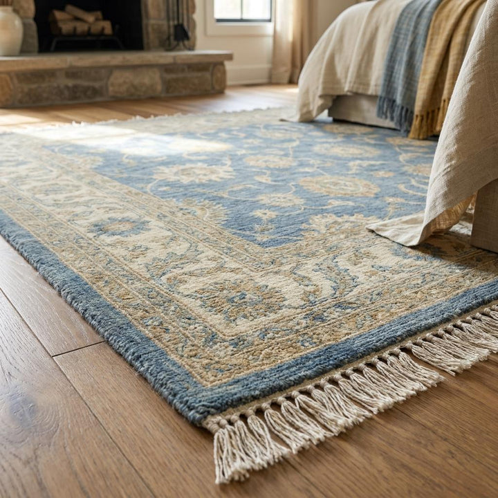 Translation missing: es.Artisan handmade wool rug with detailed border and floral medallion design __etsy:7982606694