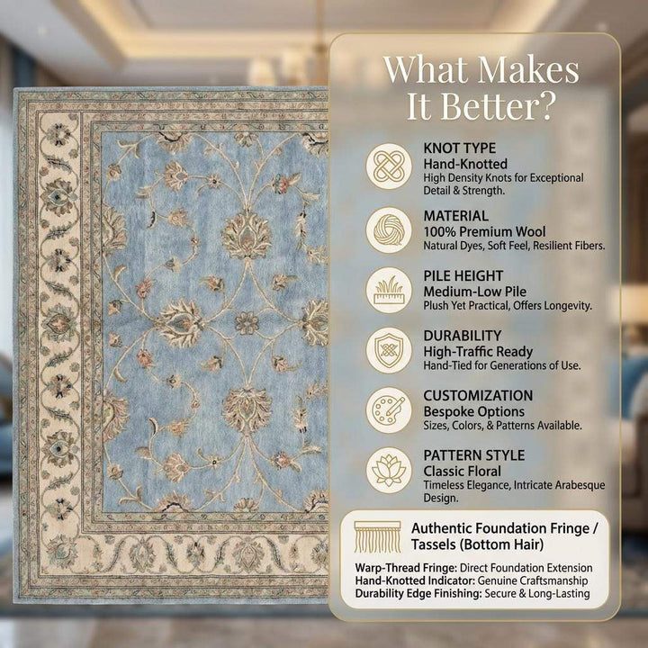 Translation missing: es.Hand Knotted Oushak Rug Blue, Wool Area Rug 8x10 9x12, Muted Floral Living Room Carpet, Handmade Pastel Bedroom Decor, Soft Turkish Style
