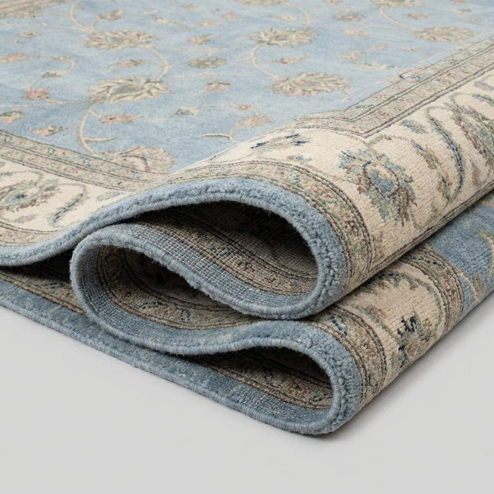 Translation missing: es.Hand Knotted Oushak Rug Blue, Wool Area Rug 8x10 9x12, Muted Floral Living Room Carpet, Handmade Pastel Bedroom Decor, Soft Turkish Style