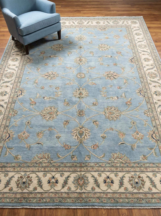Translation missing: es.Hand knotted Oushak rug in muted blue with floral design, soft wool area rug for living room and bedroom decor