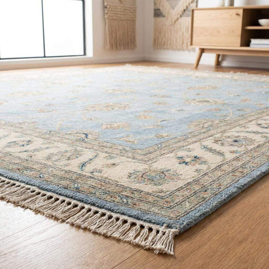 Translation missing: es.Hand Knotted Oushak Rug Blue, Wool Area Rug 8x10 9x12, Muted Floral Living Room Carpet, Handmade Pastel Bedroom Decor, Soft Turkish Style