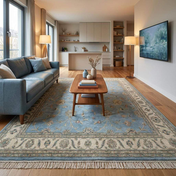 Translation missing: es.Intricate scrolling floral vine pattern in ivory and sage green on a powder blue background