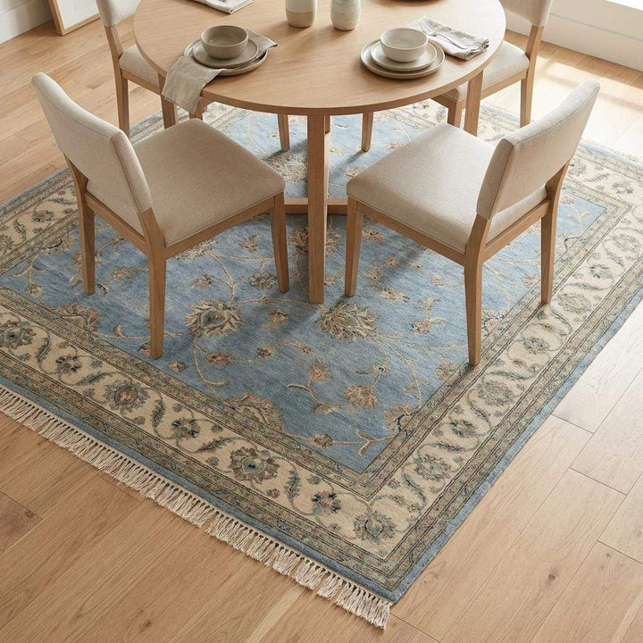 Translation missing: es.Hand Knotted Oushak Rug Blue, Wool Area Rug 8x10 9x12, Muted Floral Living Room Carpet, Handmade Pastel Bedroom Decor, Soft Turkish Style