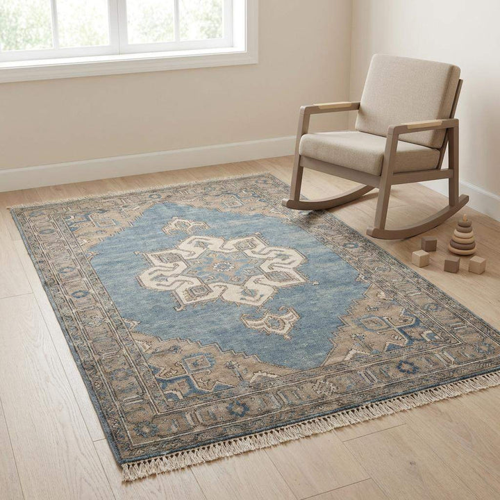 Translation missing: en.Hand Knotted Oushak Rug Blue Wool Vintage Style Living Room Area Rug
