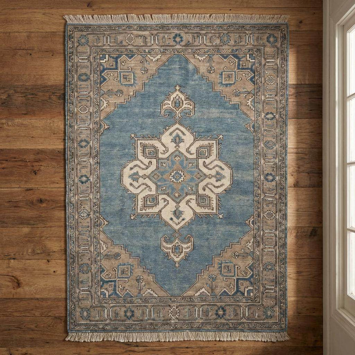 Translation missing: en.Hand Knotted Oushak Rug Blue Wool Vintage Style Living Room Area Rug