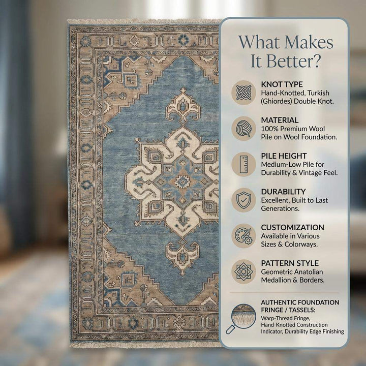 Translation missing: en.Hand Knotted Oushak Rug Blue Wool Vintage Style Living Room Area Rug