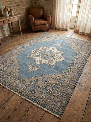 Translation missing: fr.Hand knotted Oushak rug in vintage blue wool for living room with durable artisan craftsmanship