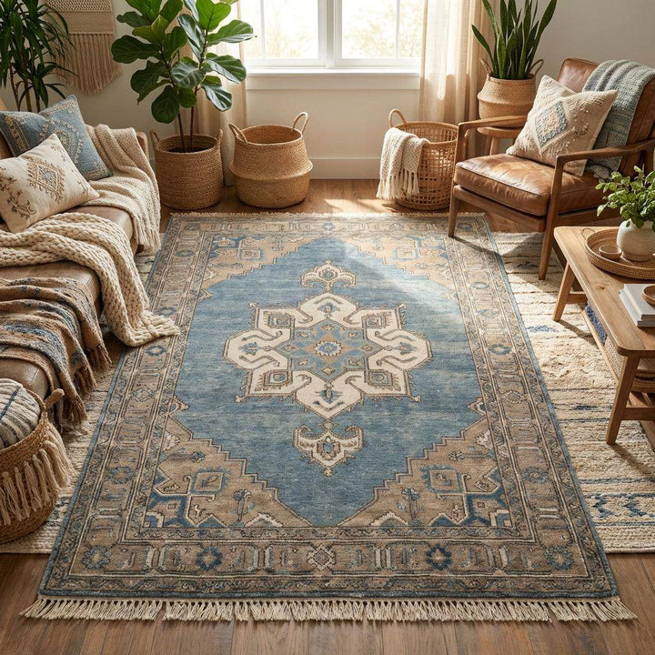 Translation missing: en.Vintage style blue wool rug with geometric border pattern for farmhouse or transitional décor