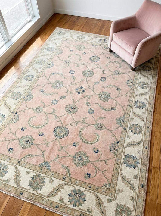 Translation missing: es.Hand-knotted Oushak rug in blush pink and cream with Turkish floral design, soft pastel wool area rug for nursery or bedroom decor