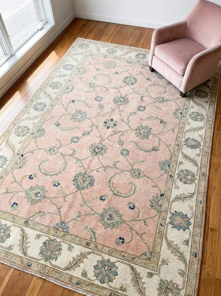 Translation missing: en.Hand-knotted Oushak rug in blush pink and cream with Turkish floral design, soft pastel wool area rug for nursery or bedroom decor