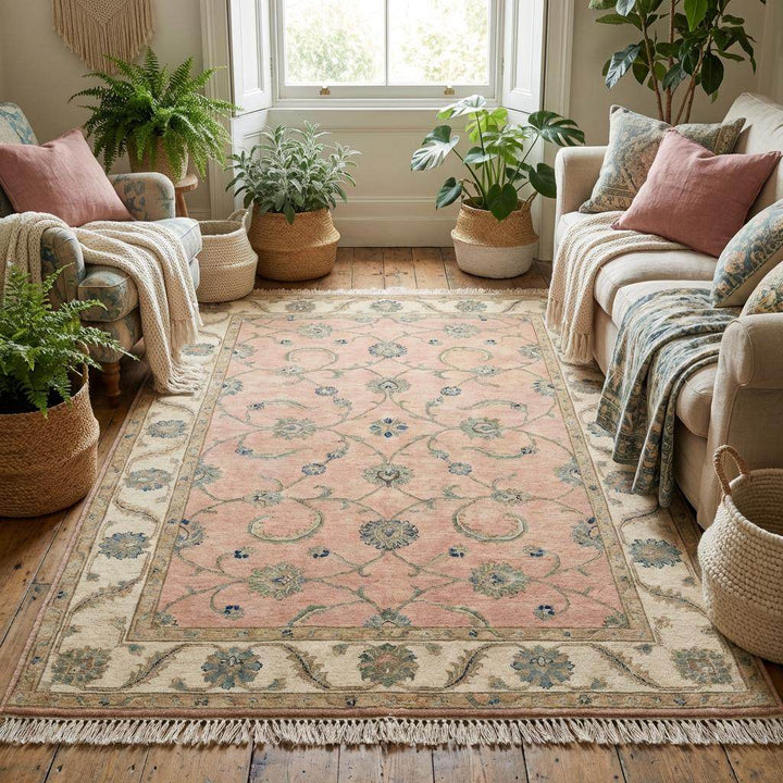 Translation missing: en.Soft pink Oushak area rug styled in a bright room next to a velvet armchair