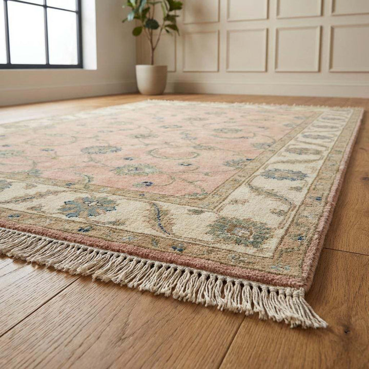 Translation missing: en.Angled view of handmade wool rug showing the fringe and low pile height