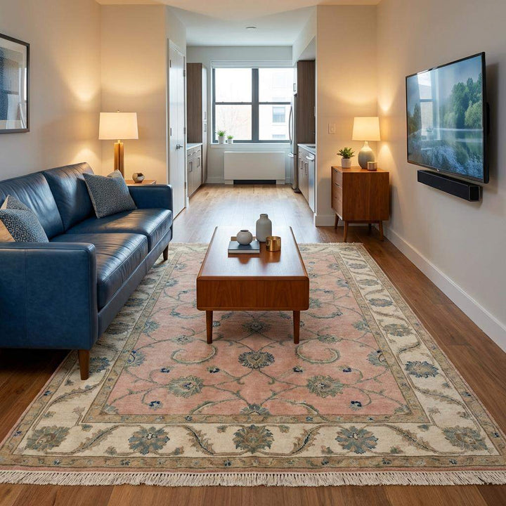 Translation missing: en.Hand Knotted Oushak Rug, Blush Pink &amp; Cream Wool Area Rug, Turkish Floral Carpet, Soft Pastel Nursery Rug, Muted Bedroom Decor 8x10 9x12