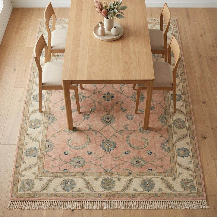 Translation missing: en.Hand Knotted Oushak Rug, Blush Pink &amp; Cream Wool Area Rug, Turkish Floral Carpet, Soft Pastel Nursery Rug, Muted Bedroom Decor 8x10 9x12