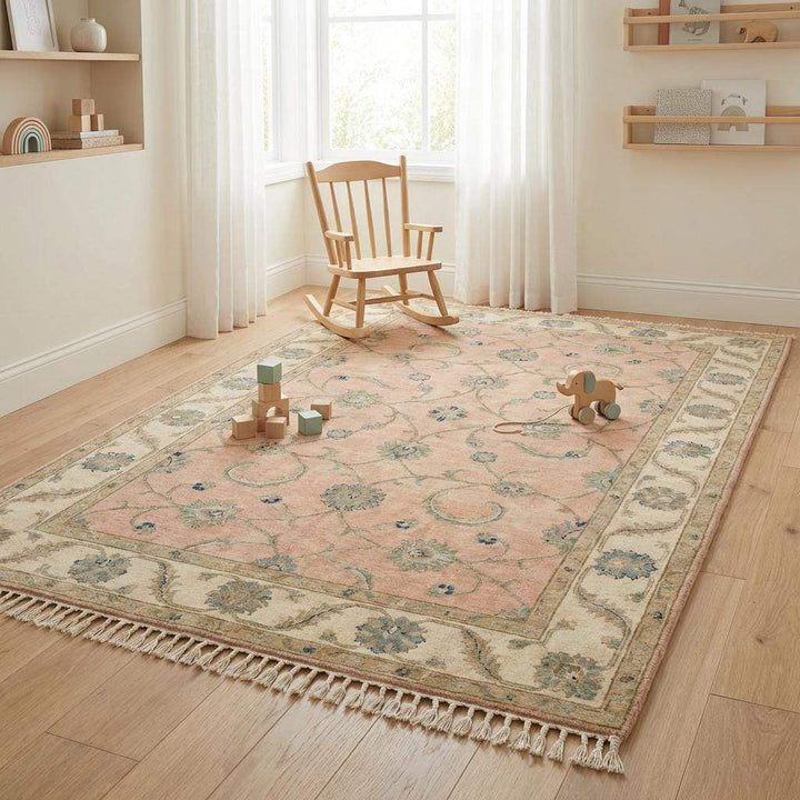 Translation missing: en.Hand Knotted Oushak Rug, Blush Pink &amp; Cream Wool Area Rug, Turkish Floral Carpet, Soft Pastel Nursery Rug, Muted Bedroom Decor 8x10 9x12