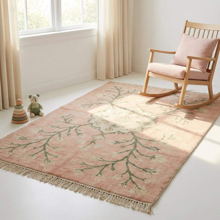 Translation missing: es.Hand Knotted Oushak Rug, Blush Pink Floral Wool Area Rug