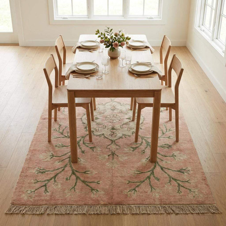 Translation missing: es.Hand Knotted Oushak Rug, Blush Pink Floral Wool Area Rug