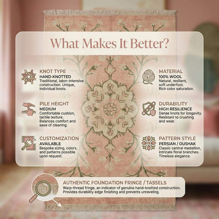 Translation missing: es.Hand Knotted Oushak Rug, Blush Pink Floral Wool Area Rug