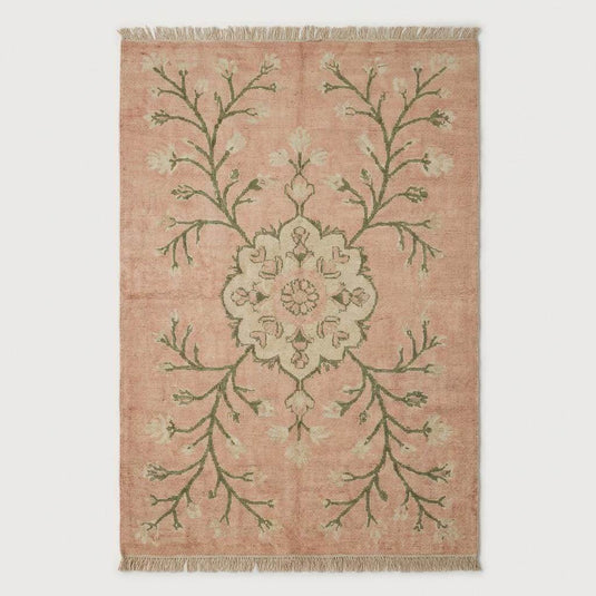 Translation missing: es.Blush pink floral wool area rug with sage green vine motifs and antique inspired pattern