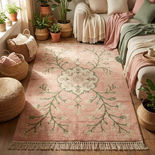 Translation missing: es.Handmade Oushak style rug styled in bedroom with soft natural light and wooden flooring