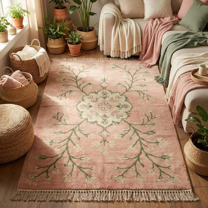 Translation missing: es.Handmade Oushak style rug styled in bedroom with soft natural light and wooden flooring