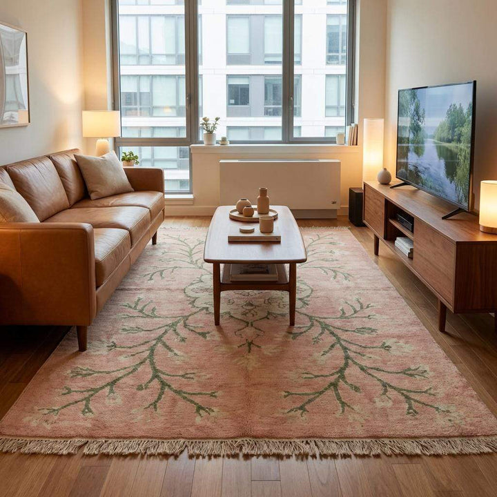 Translation missing: es.Artisan hand knotted floral rug with cotton fringe and muted vintage color palette