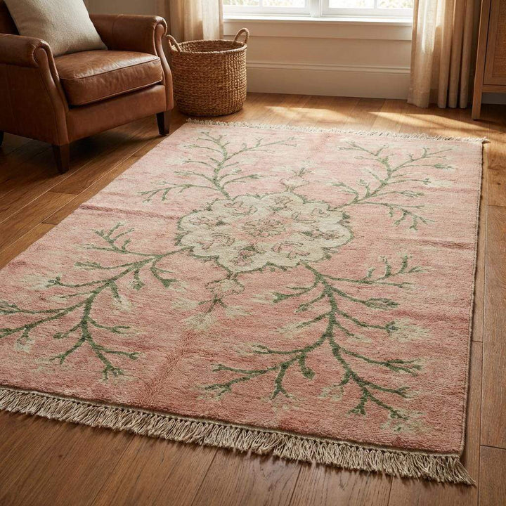 Translation missing: es.Hand Knotted Oushak Rug, Blush Pink Floral Wool Area Rug