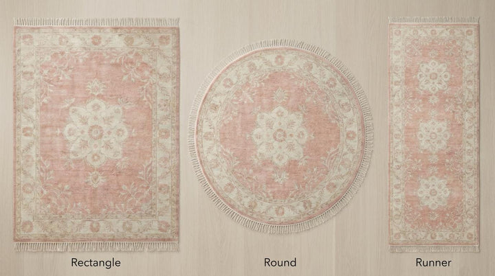 Translation missing: es.Hand knotted Oushak rug blush pink wool with floral medallion and ivory border