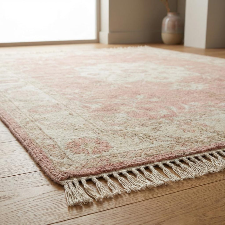 Translation missing: es.Hand knotted Oushak rug in blush pink with ivory floral medallion, soft wool area rug for living room and bedroom