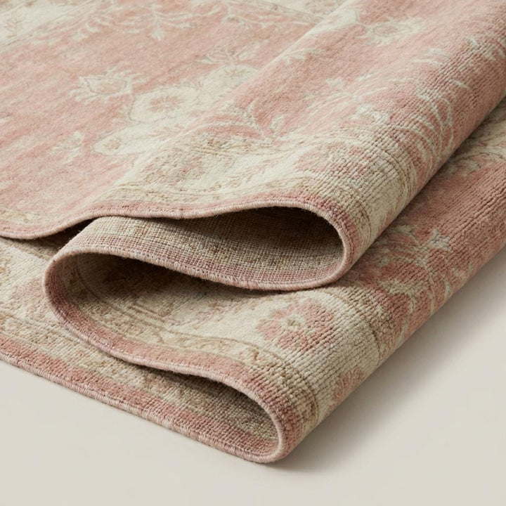 Translation missing: es.Hand knotted Oushak rug in blush pink with ivory floral medallion, soft wool vintage style carpet for living room and bedroom