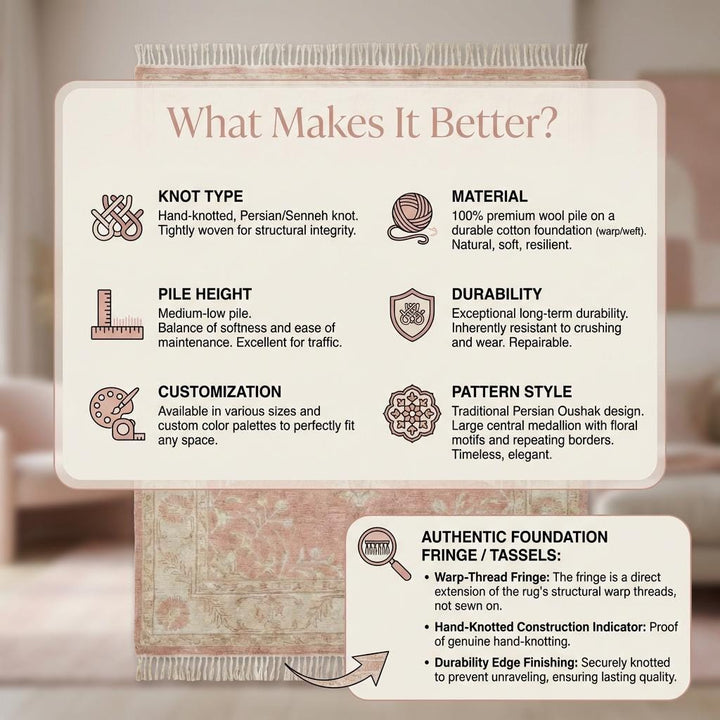 Translation missing: es.Hand knotted Oushak rug in blush pink with ivory floral medallion, wool area rug for living room and bedroom