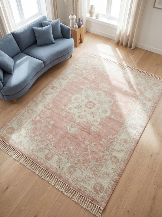 Translation missing: es.Hand knotted Oushak rug with blush pink wool and ivory floral medallion for vintage living room decor