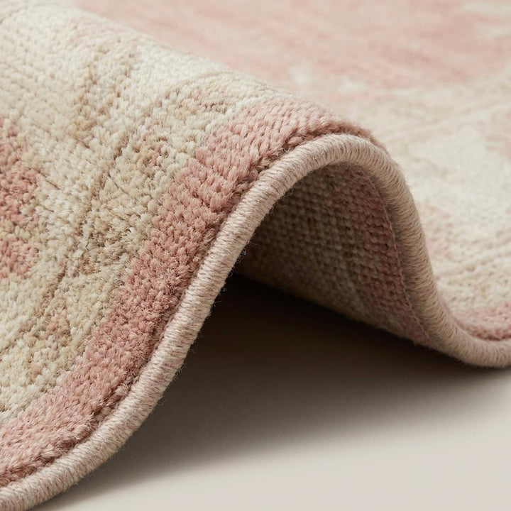 Translation missing: es.Hand knotted Oushak rug in blush pink with floral medallion, wool area rug for living room and bedroom