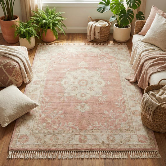 Translation missing: es.Hand knotted Oushak rug in blush pink with ivory floral medallion, wool area rug for living room and bedroom